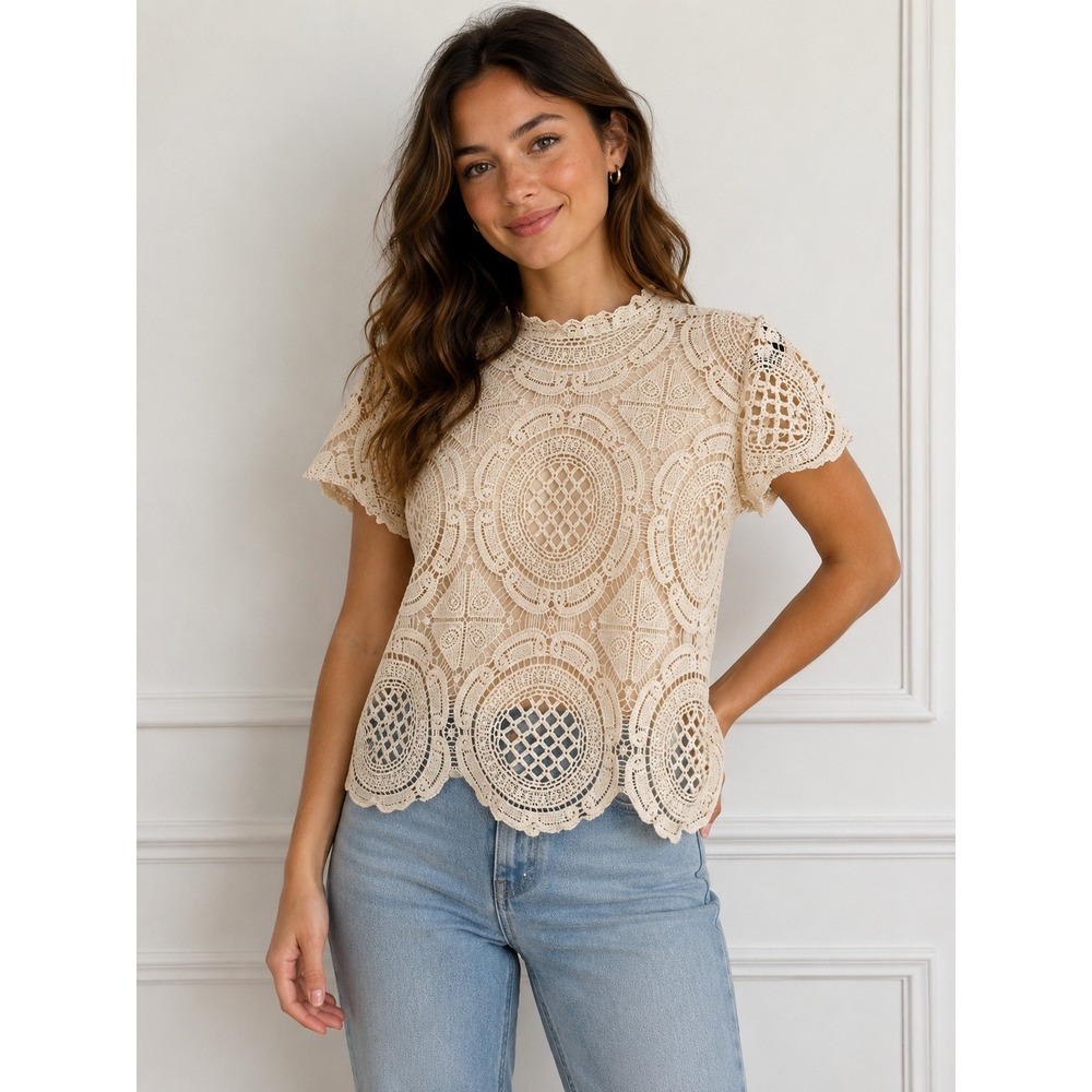 Ultra Pink Beige Crochet Lace Short Sleeve Top